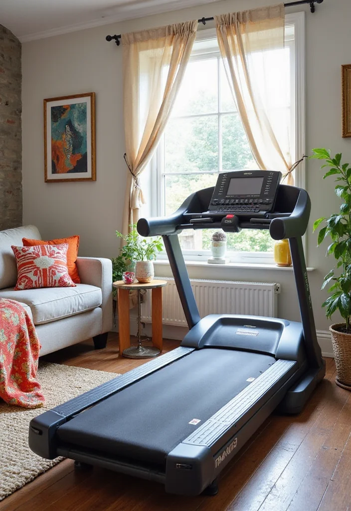 10 Treadmill in Living Room Ideas for Smart Space Integration - 8. Treadmill with Stylish Accessories