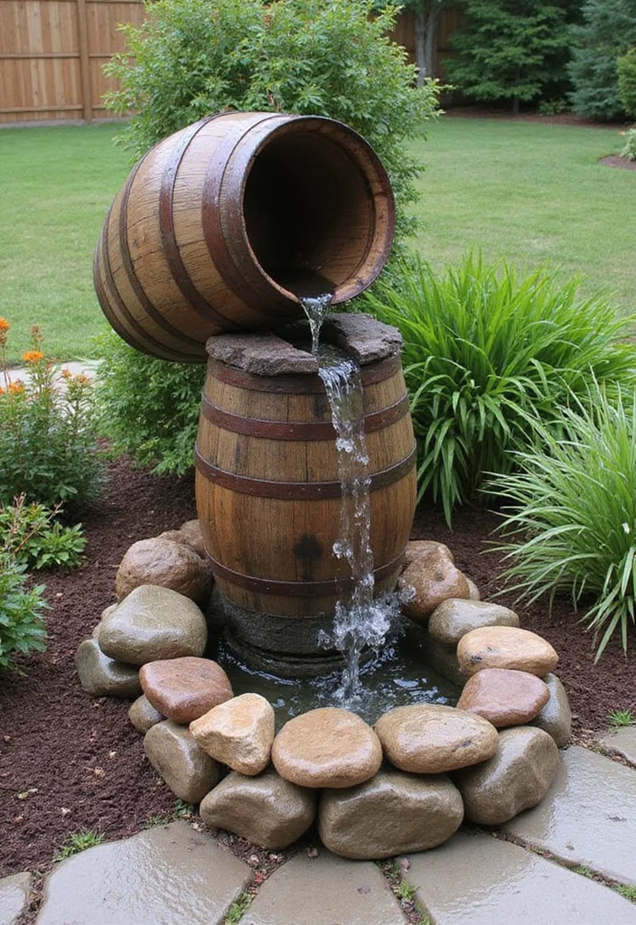 12 Backyard Wall Fountain Ideas for Calm Flowing Accents 107 12 Backyard Wall Fountain Ideas for Calm Flowing Accents - 11. Wine Barrel Water Feature
