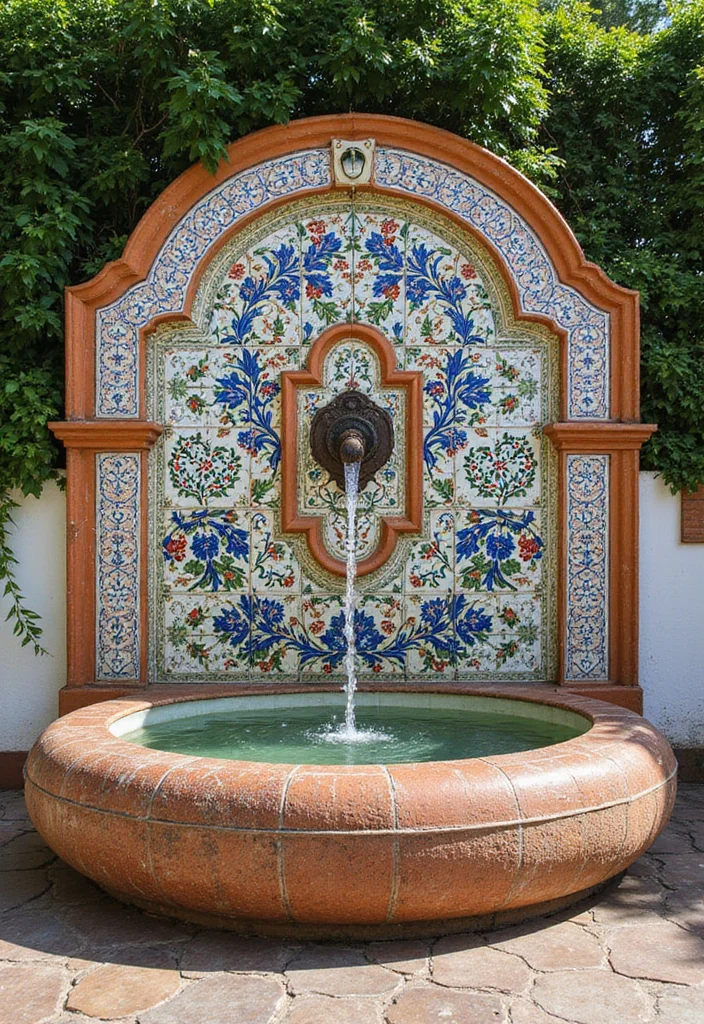 12 Backyard Wall Fountain Ideas for Calm Flowing Accents 23 12 Backyard Wall Fountain Ideas for Calm Flowing Accents - 3. Vintage Ceramic Tile Fountain