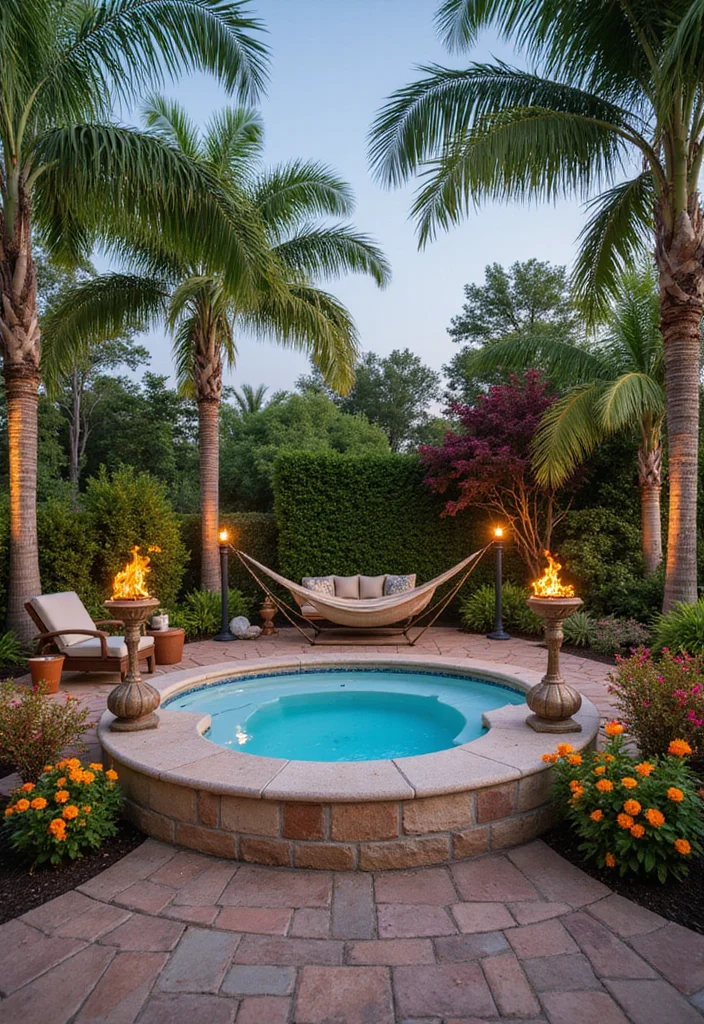 12 Backyard With Jacuzzi Ideas for Luxurious Outdoor Relaxation - 1. Tropical Paradise
