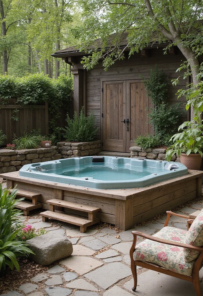 12 Backyard With Jacuzzi Ideas for Luxurious Outdoor Relaxation - 5. Rustic Charm