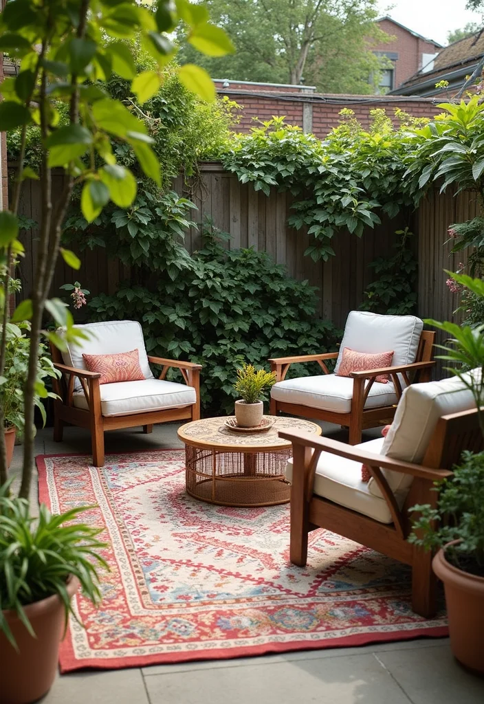 12 Beautiful Small Backyard Ideas for Charming Compact Spaces - 11. Outdoor Rug for Comfort