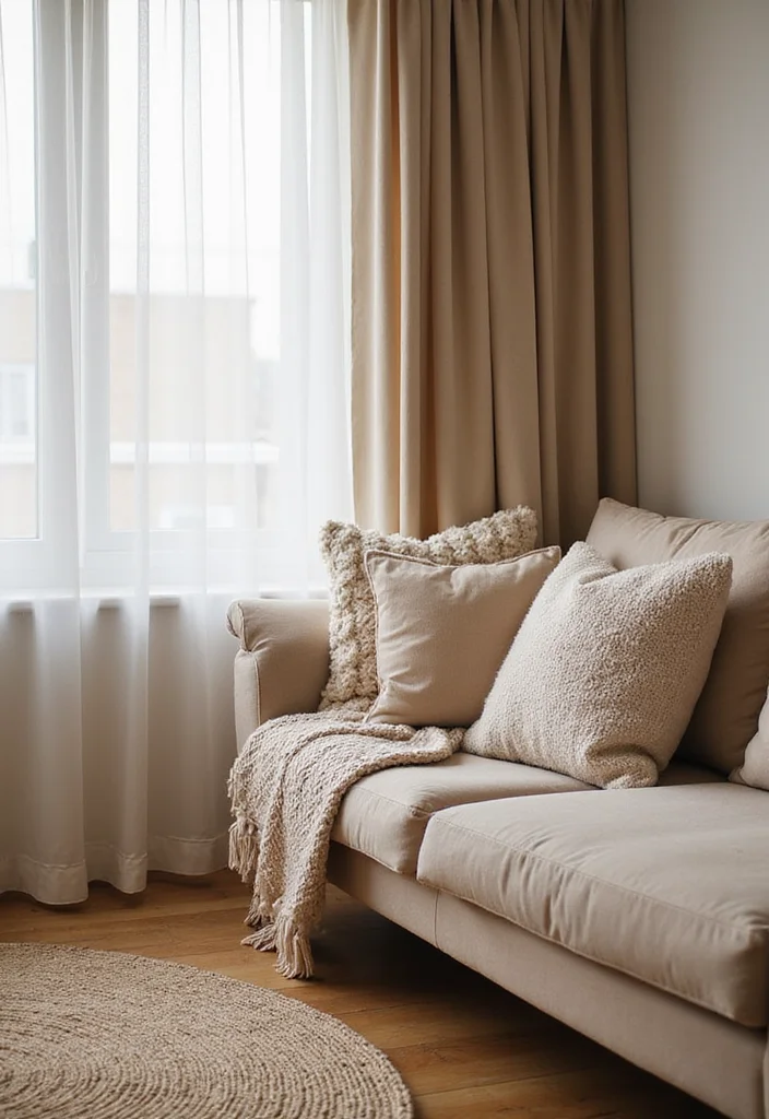 12 Beige Curtains Living Room Ideas for Soft Neutral Warmth - 1. Soft Textures for a Cozy Vibe
