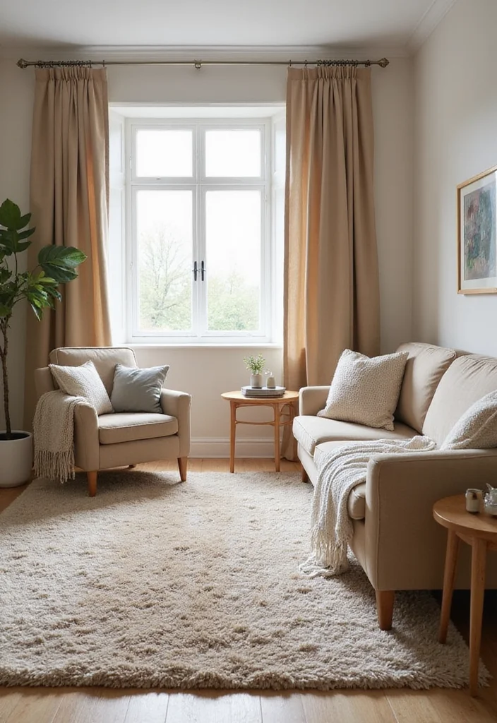 12 Beige Curtains Living Room Ideas for Soft Neutral Warmth - 11. Neutral Floor Coverings