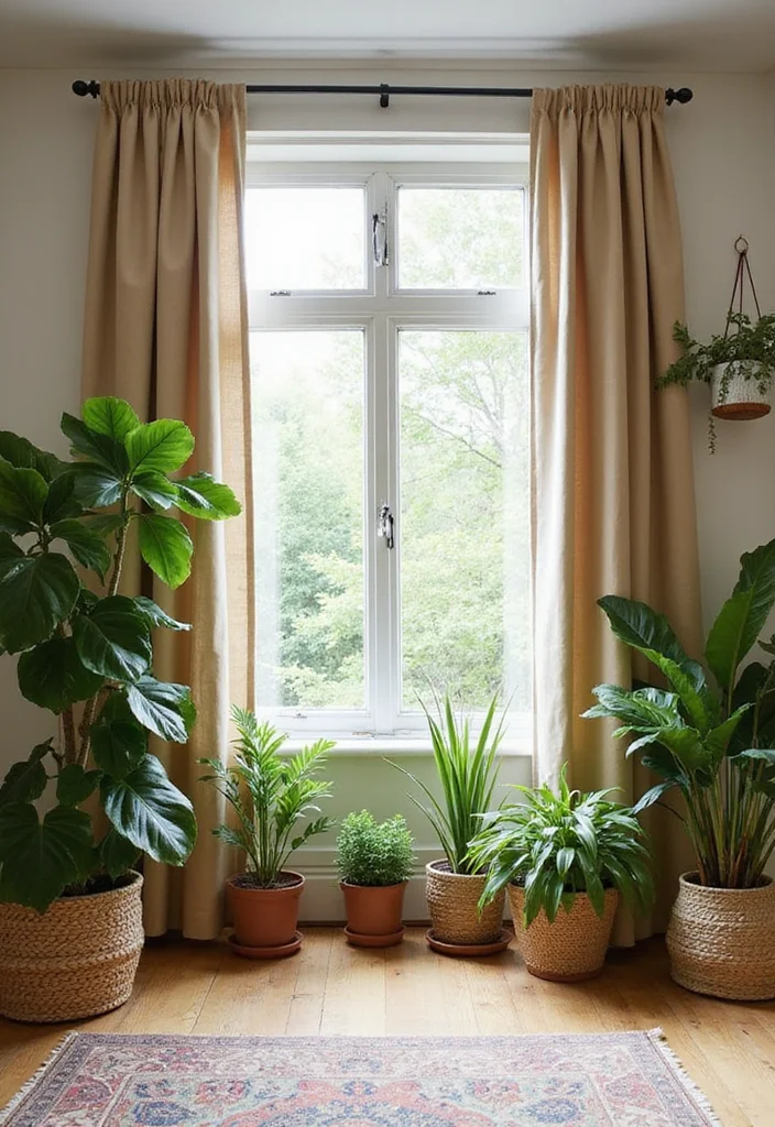 12 Beige Curtains Living Room Ideas for Soft Neutral Warmth - 2. Perfect Pairing with Greenery