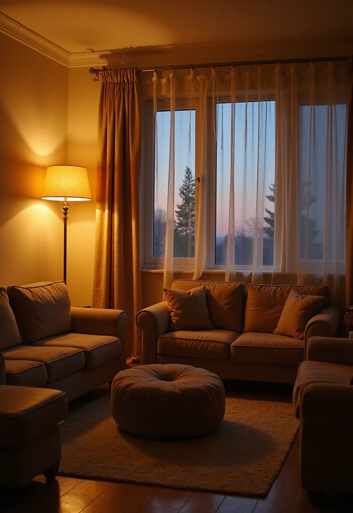 12 Beige Curtains Living Room Ideas for Soft Neutral Warmth - 3. Layered Lighting for Warmth