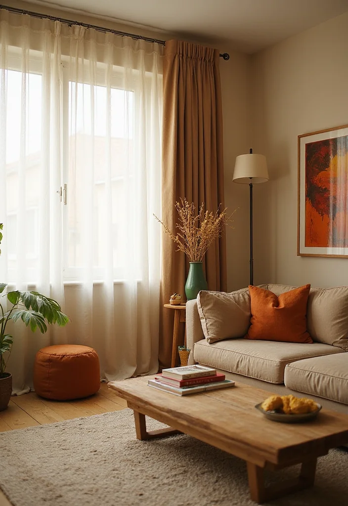 12 Beige Curtains Living Room Ideas for Soft Neutral Warmth - 6. Earthy Accent Colors