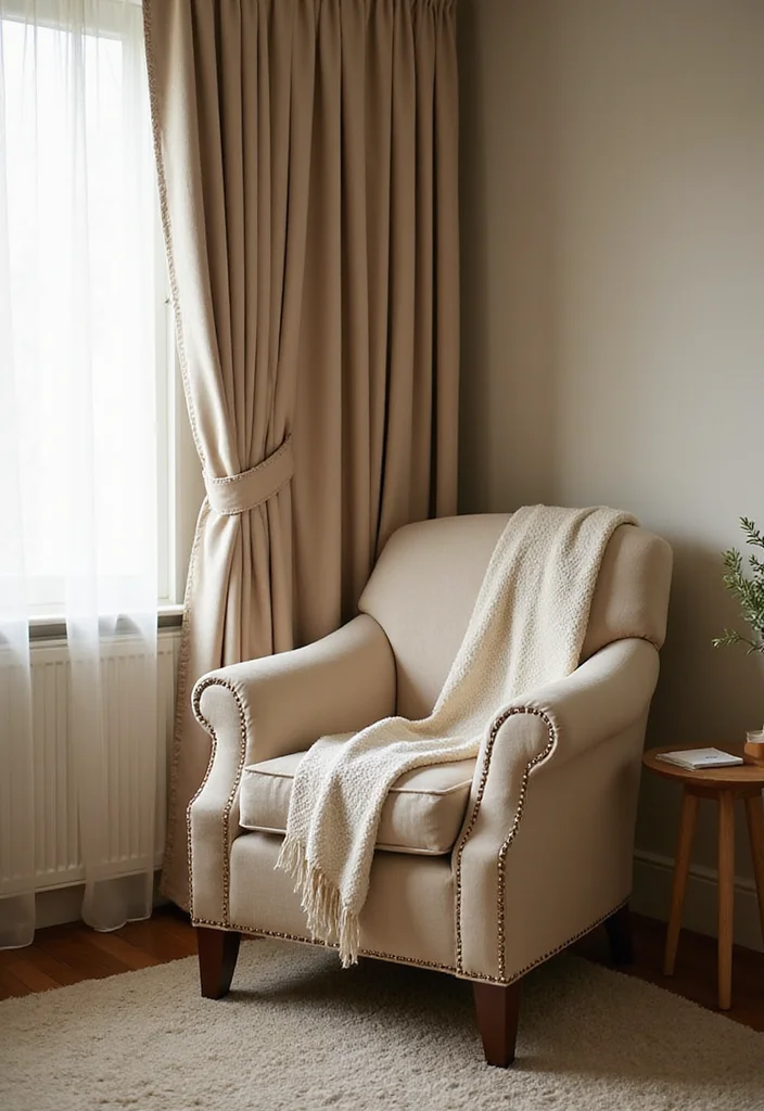 12 Beige Curtains Living Room Ideas for Soft Neutral Warmth - 7. Cozy Reading Nook