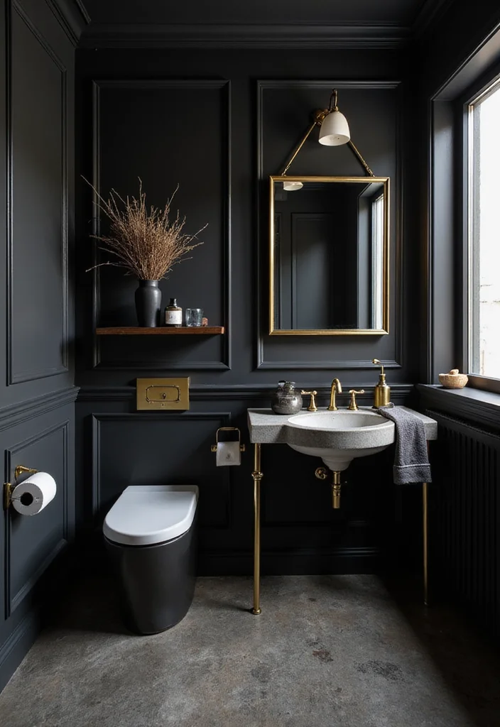 12 Dark Color Bathroom Ideas for Moody Sophisticated Depth - 1. Elegant Black and Gold Combination