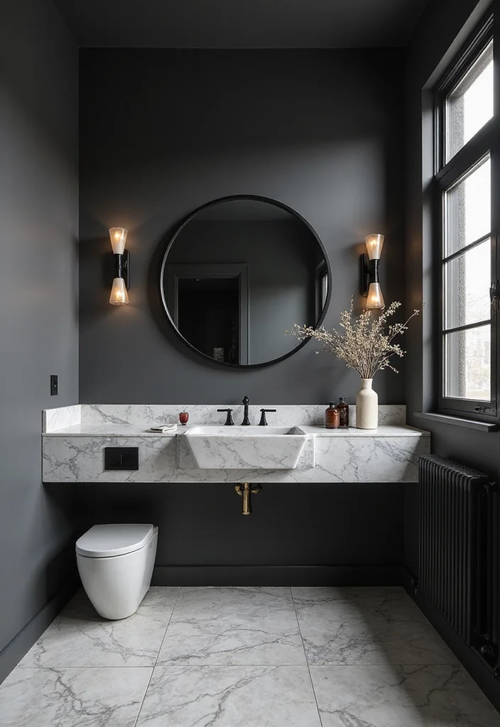 12 Dark Color Bathroom Ideas for Moody Sophisticated Depth - 3. Rich Charcoal and Marble