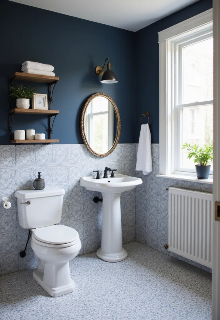 12 Dark Color Bathroom Ideas for Moody Sophisticated Depth - 6. Striking Navy and White Contrast