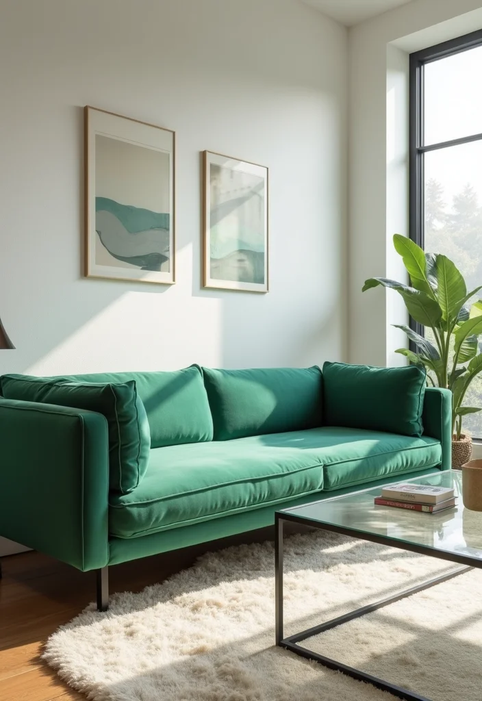 12 Emerald Green Couch Living Room Ideas for Luxe Bold Color - 1. Minimalist Chic with Slim Furniture