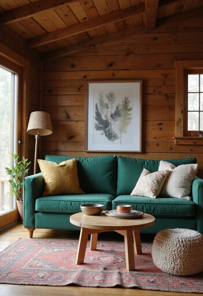 12 Emerald Green Couch Living Room Ideas for Luxe Bold Color - 10. Cozy Cabin Retreat