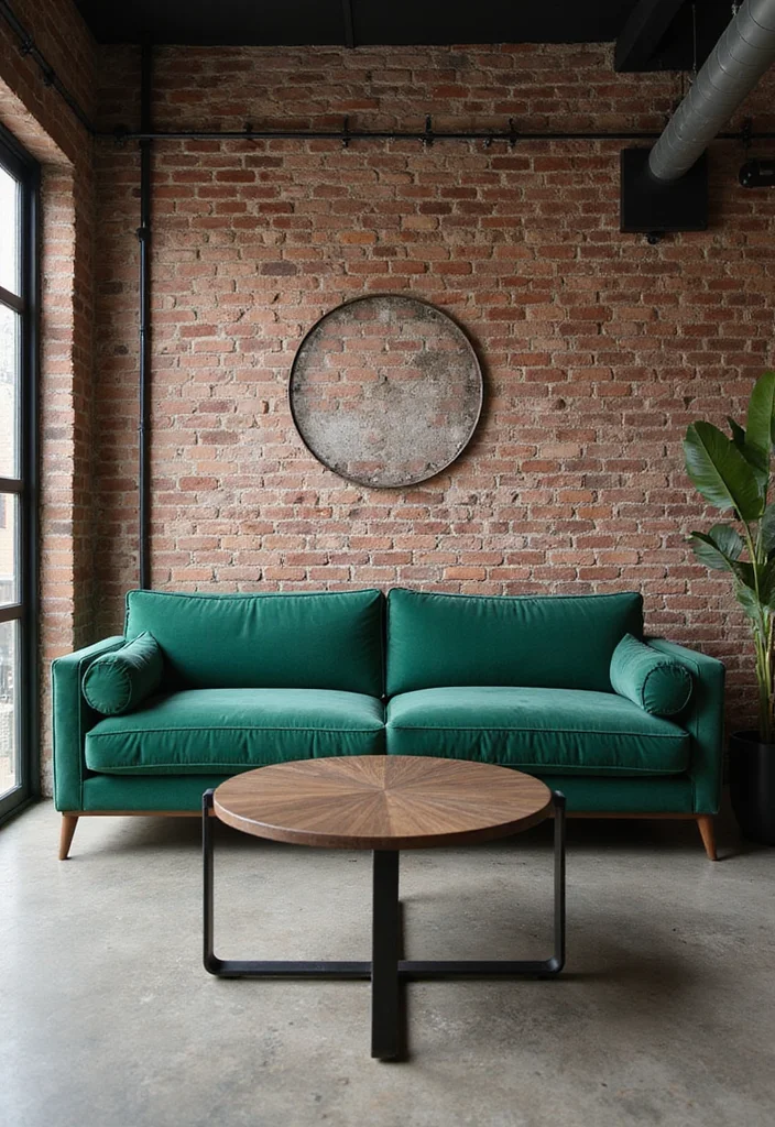 12 Emerald Green Couch Living Room Ideas for Luxe Bold Color - 12. Industrial Edge