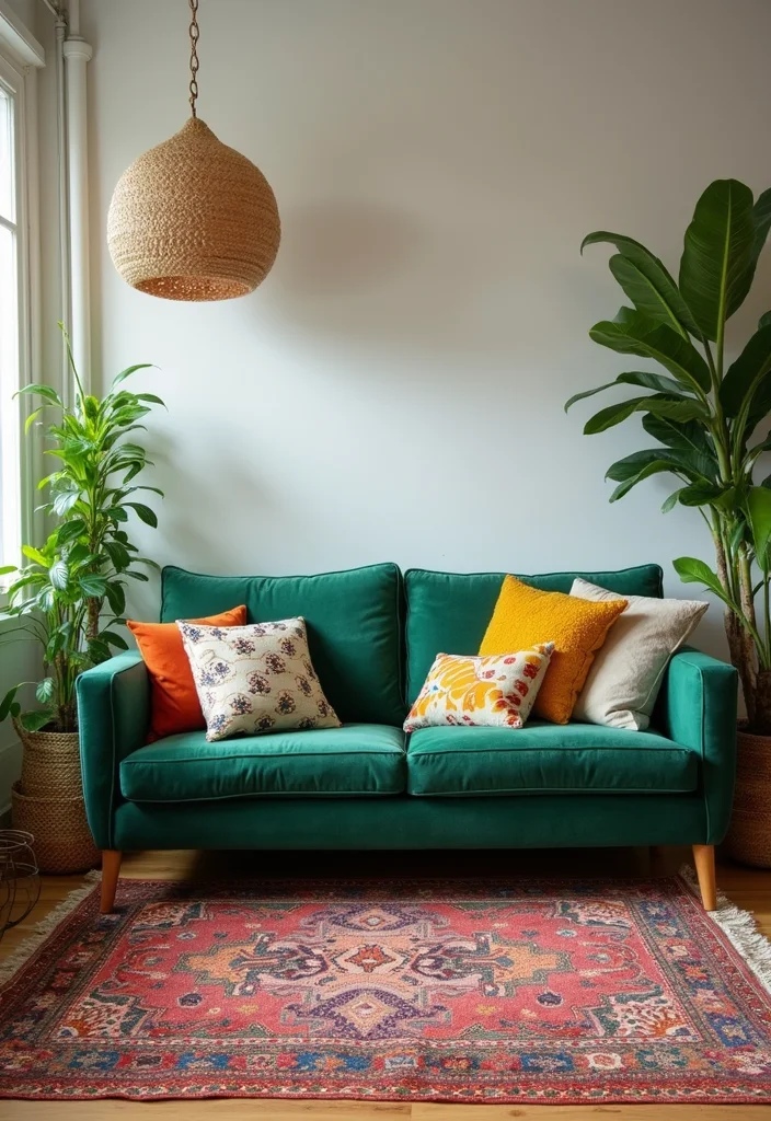 12 Emerald Green Couch Living Room Ideas for Luxe Bold Color - 2. Boho Vibes with Layered Textures