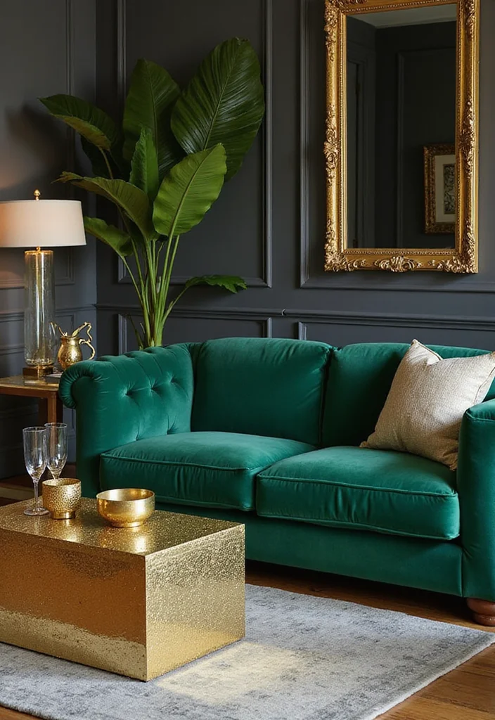12 Emerald Green Couch Living Room Ideas for Luxe Bold Color - 3. Glamorous Accents with Gold