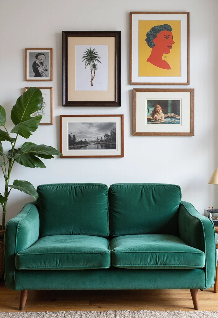 12 Emerald Green Couch Living Room Ideas for Luxe Bold Color - 4. Eclectic Art Displays