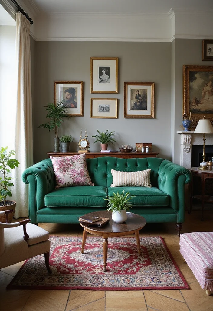 12 Emerald Green Couch Living Room Ideas for Luxe Bold Color - 7. Vintage Meets Modern