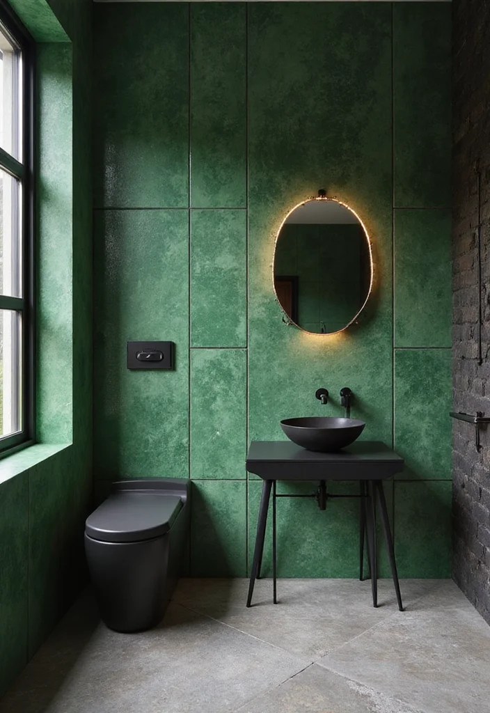 12 Green and Black Bathroom Ideas for Bold Modern Contrast - 1. Lush Green Wall Panels