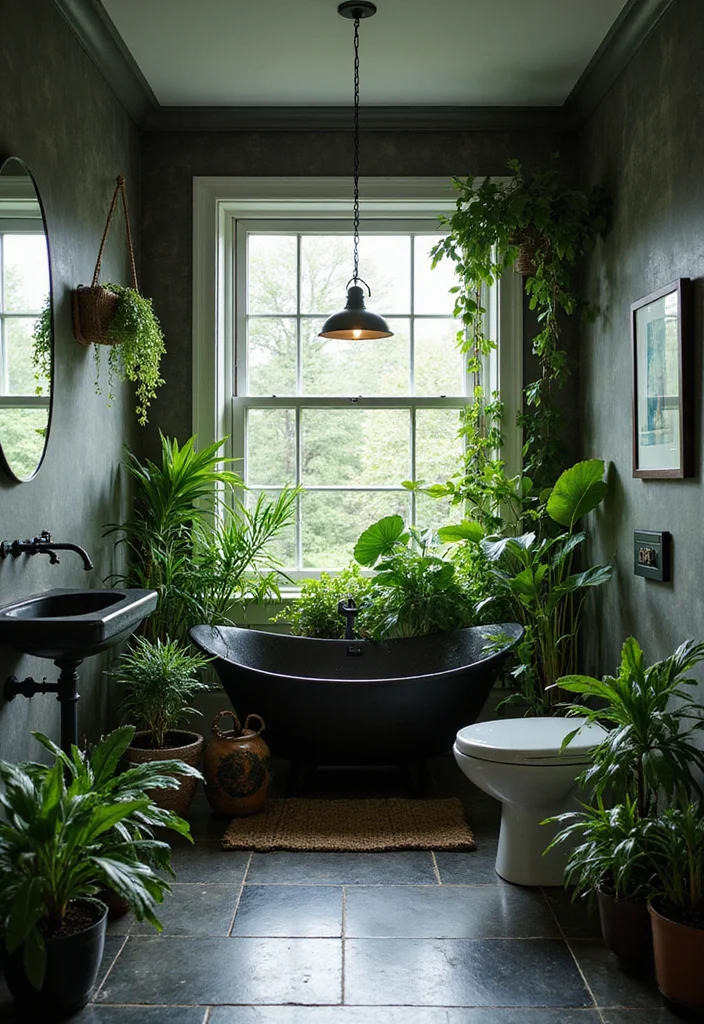 12 Green and Black Bathroom Ideas for Bold Modern Contrast - 10. Plant Integration