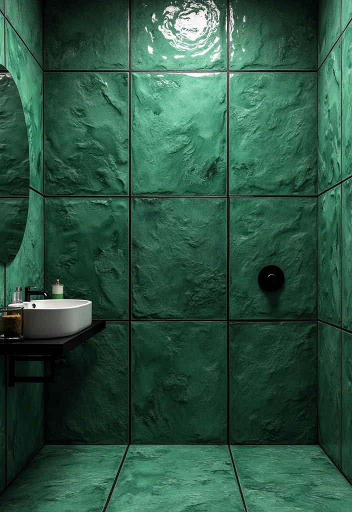 12 Green and Black Bathroom Ideas for Bold Modern Contrast - 2. Textured Green Tiles