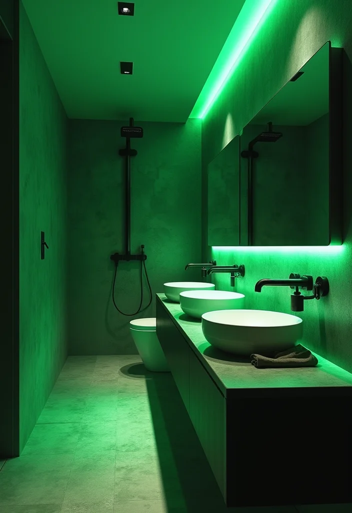 12 Green and Black Bathroom Ideas for Bold Modern Contrast - 4. Green Accented Lighting