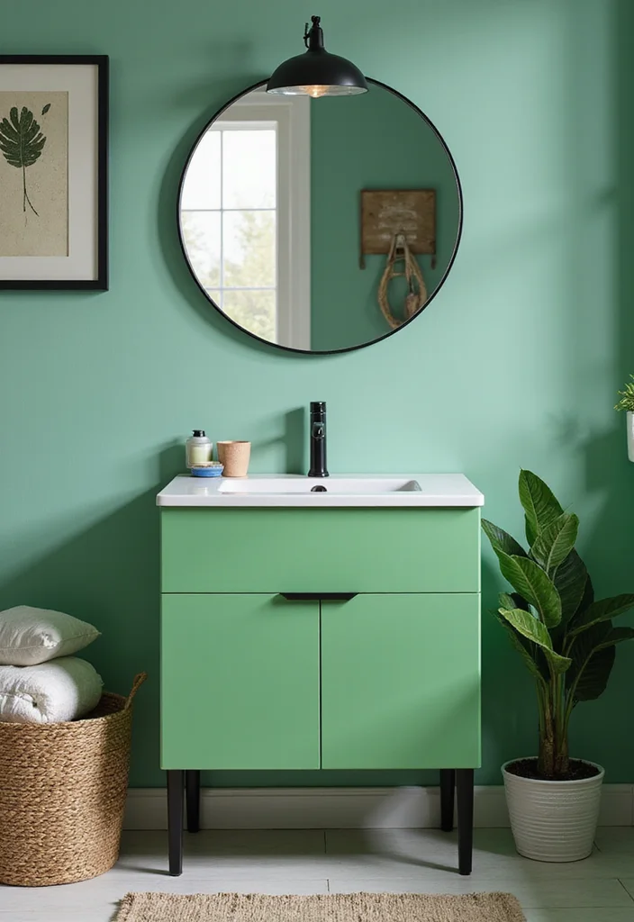 12 Green and Black Bathroom Ideas for Bold Modern Contrast - 6. Green Vanity with Black Fixtures