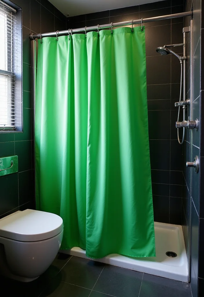 12 Green and Black Bathroom Ideas for Bold Modern Contrast - 7. Green Shower Curtain