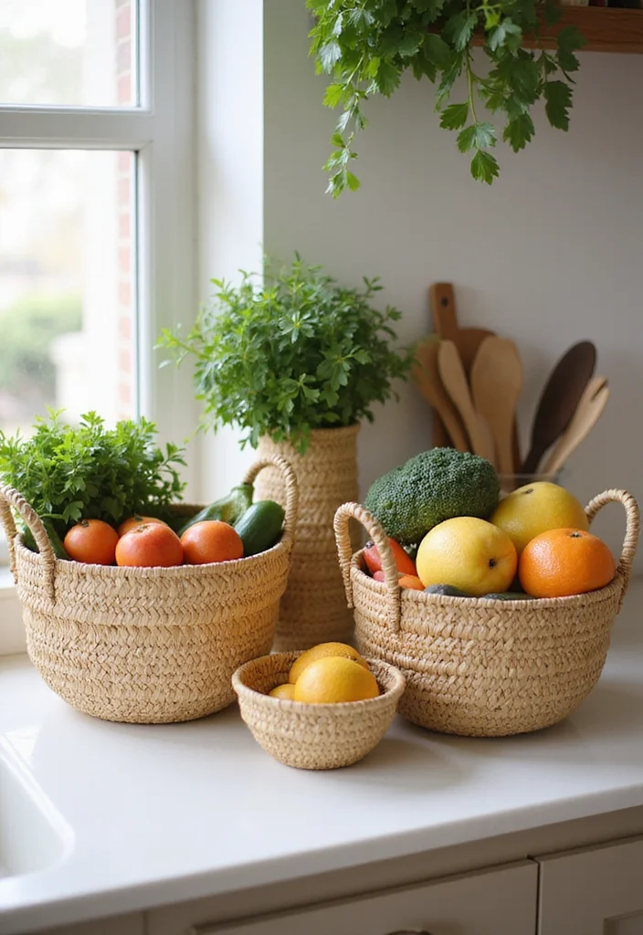 12 Kitchen Basket Ideas for Simple Organized Storage - 1. Woven Seagrass Baskets