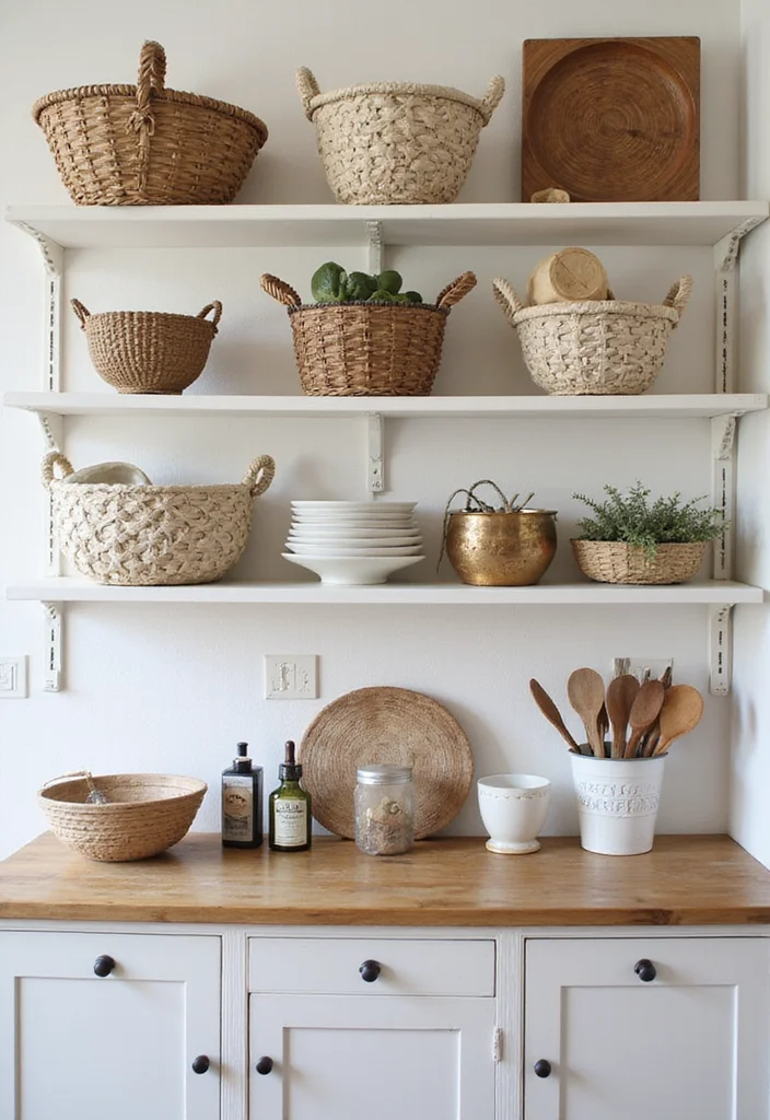 12 Kitchen Basket Ideas for Simple Organized Storage - 10. Decorative Baskets on Shelving