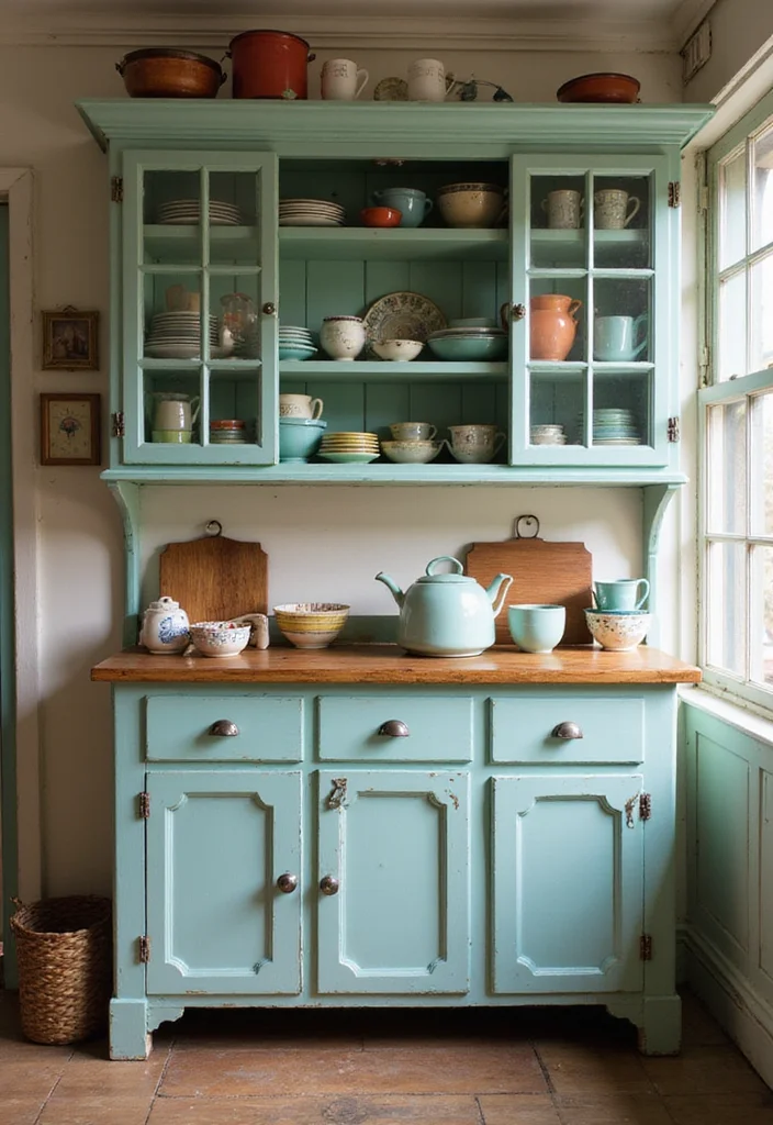 12 Kitchen Wall Cabinet Ideas for Vertical Functional Storage - 2. Vintage Glass-Front Cabinets