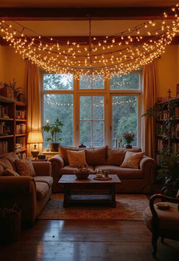 12 Living Room Fairy Lights Ideas for Soft Cozy Glow - 4. Twinkling Canopy Overhead