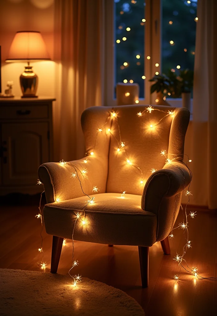 12 Living Room Fairy Lights Ideas for Soft Cozy Glow - 7. Fairy Light-Wrapped Furniture