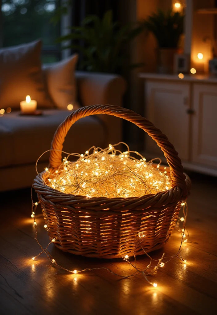 12 Living Room Fairy Lights Ideas for Soft Cozy Glow - 9. Eco-Friendly Woven Baskets