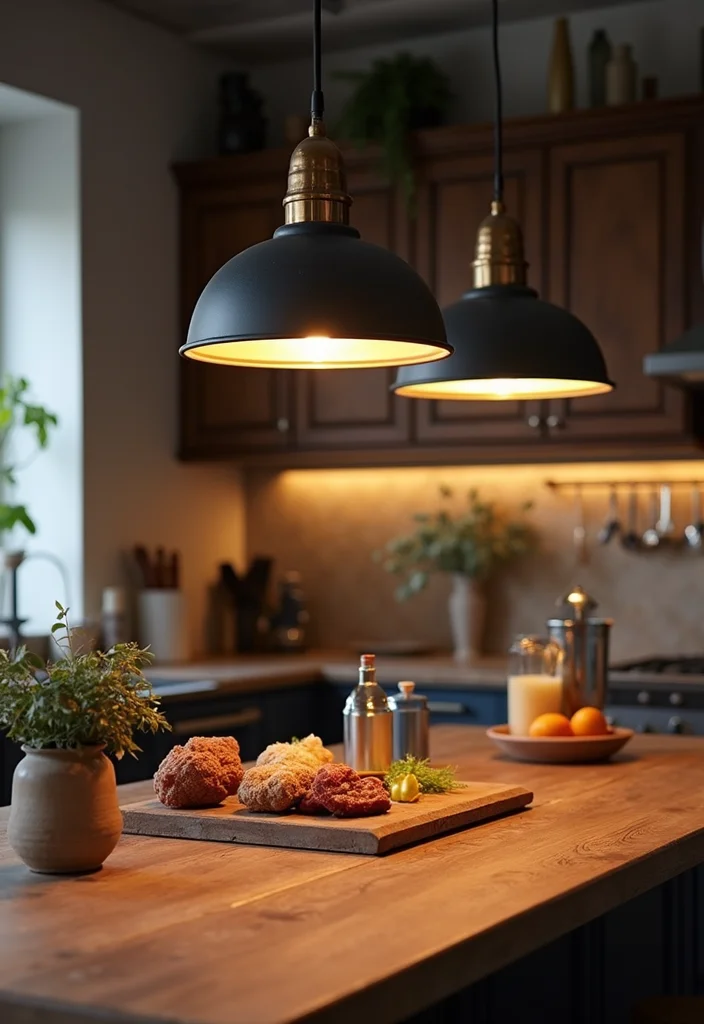 12 Masculine Kitchen Ideas for Strong Clean Aesthetics - 6. Bold Lighting Fixtures as Focal Points