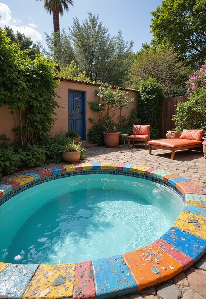 12 Plunge Pool Backyard Ideas for Compact Refreshing Swimming - 9. Colorful Mosaic Plunge Pool