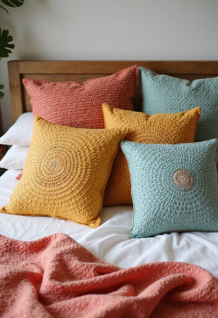 12 Rattan Bedroom Ideas for Warm Natural Texture - 10. Rattan Throw Pillows