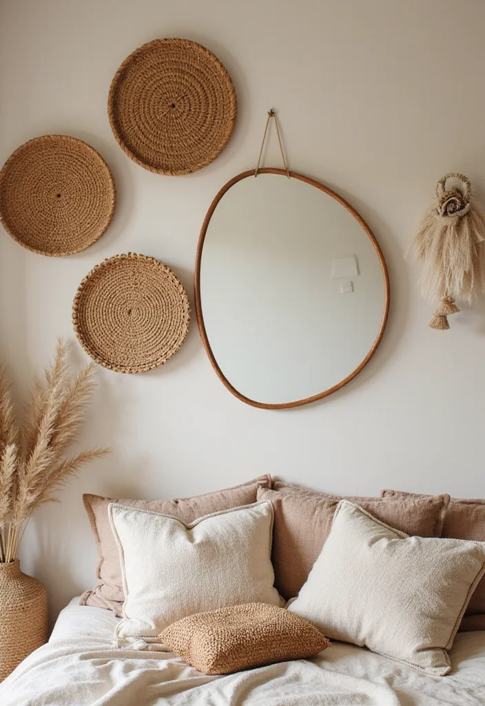 12 Rattan Bedroom Ideas for Warm Natural Texture - 4. Woven Rattan Wall Decor