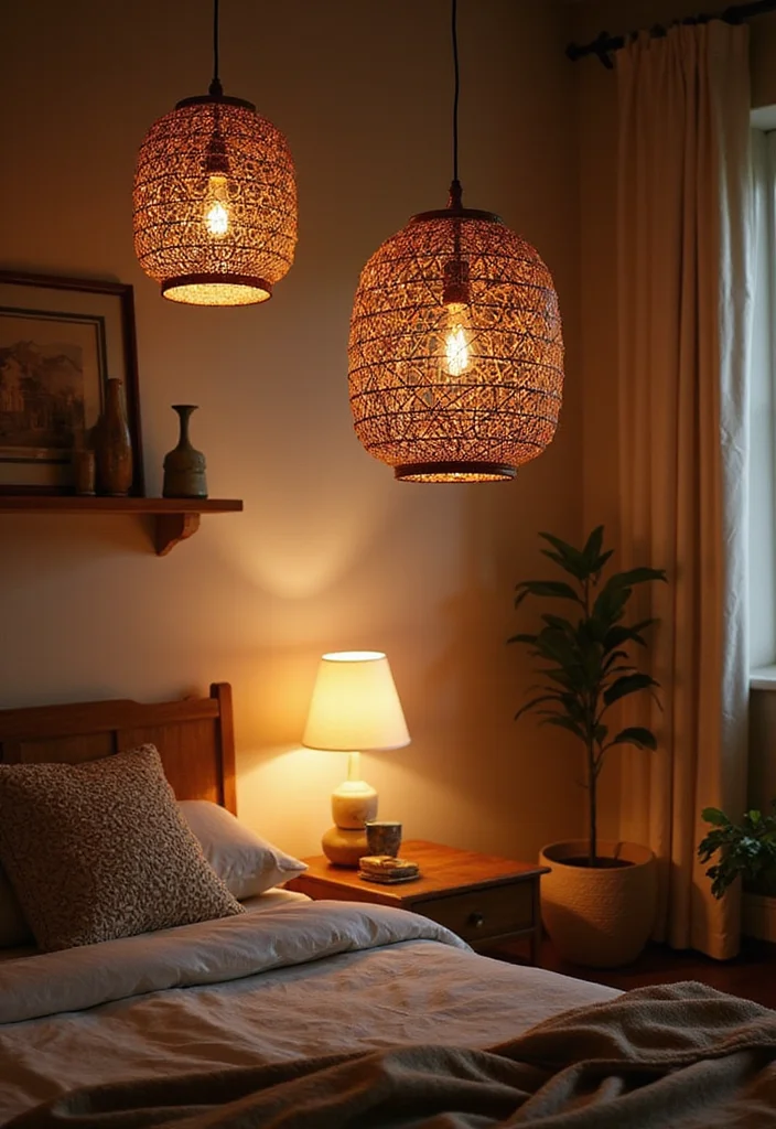 12 Rattan Bedroom Ideas for Warm Natural Texture - 8. Rattan Lighting Fixtures
