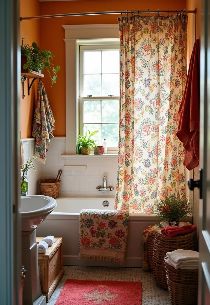 12 Small Boho Bathroom Ideas for Relaxed Artistic Style - 2. Vibrant Textiles for a Cozy Feel